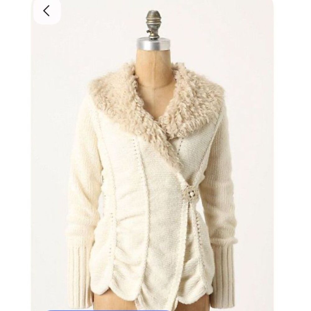 Anthro Angel of the North Wool Wrap Cardigan L Cream Shearling Cottagecore